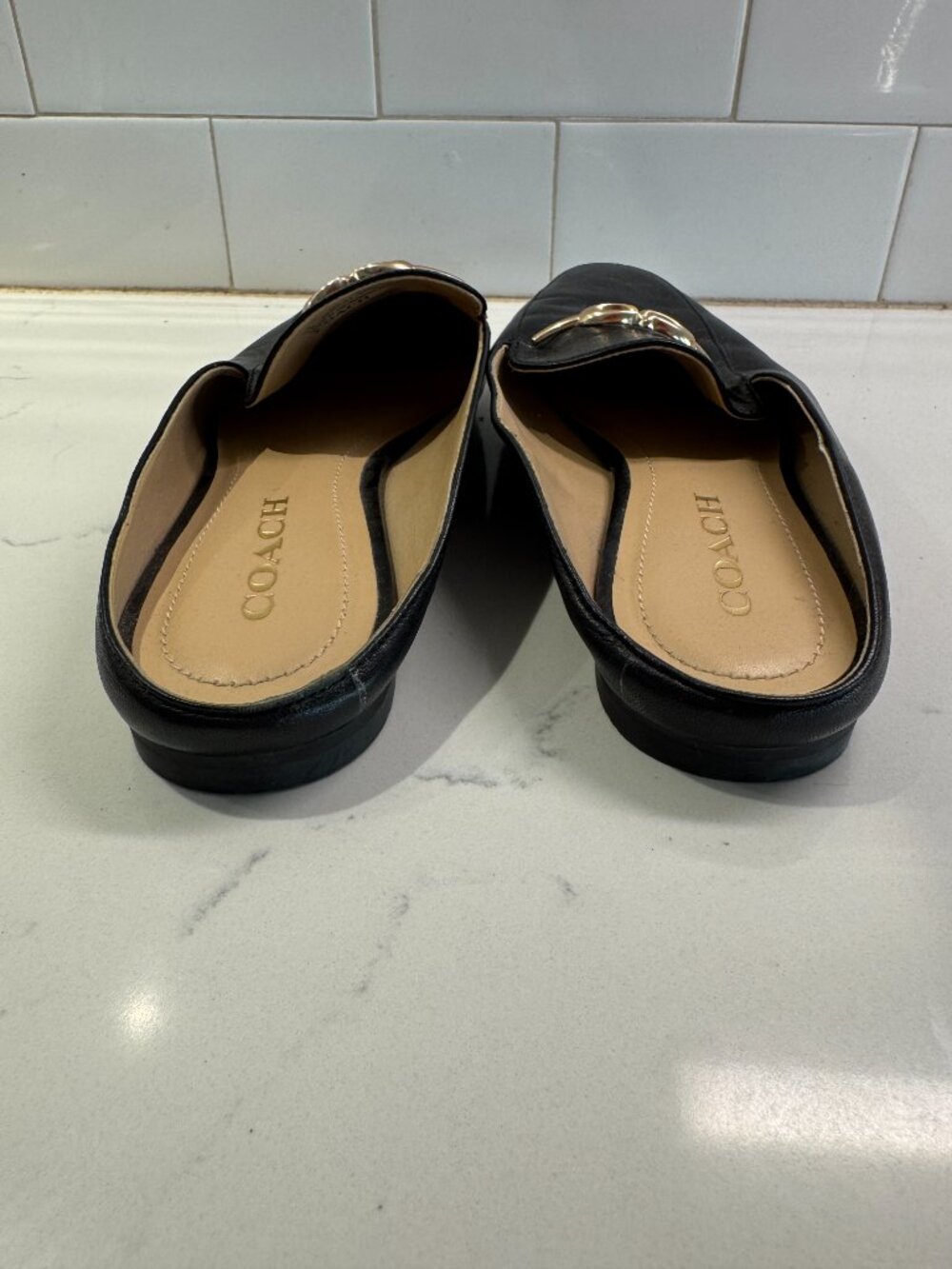 Coach Sienna Black Leather Slip On Loafer Slides Womens 7B C5770 Gold Hardware D - Picture 5 of 10